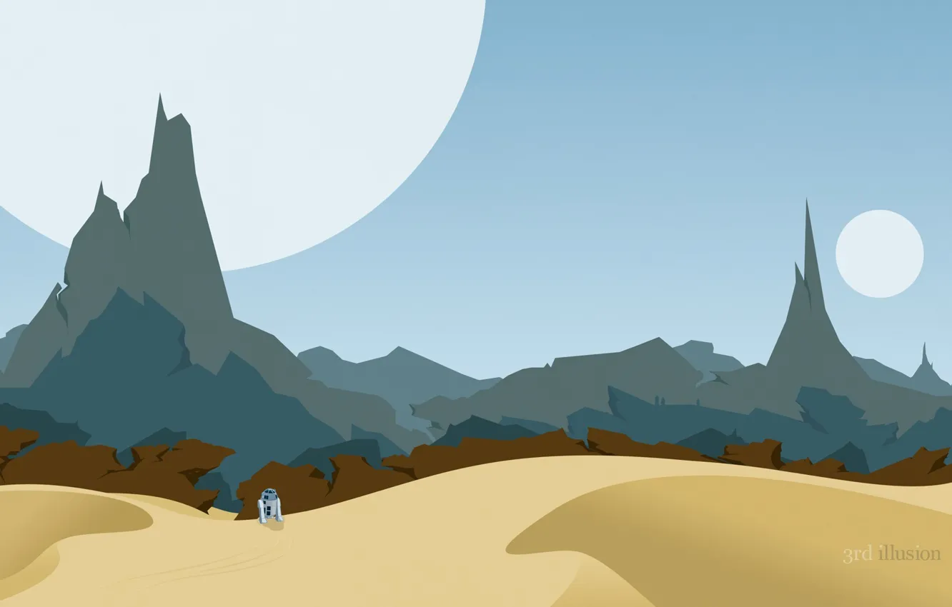 Фото обои горы, пустыня, планеты, робот, star wars, r2d2