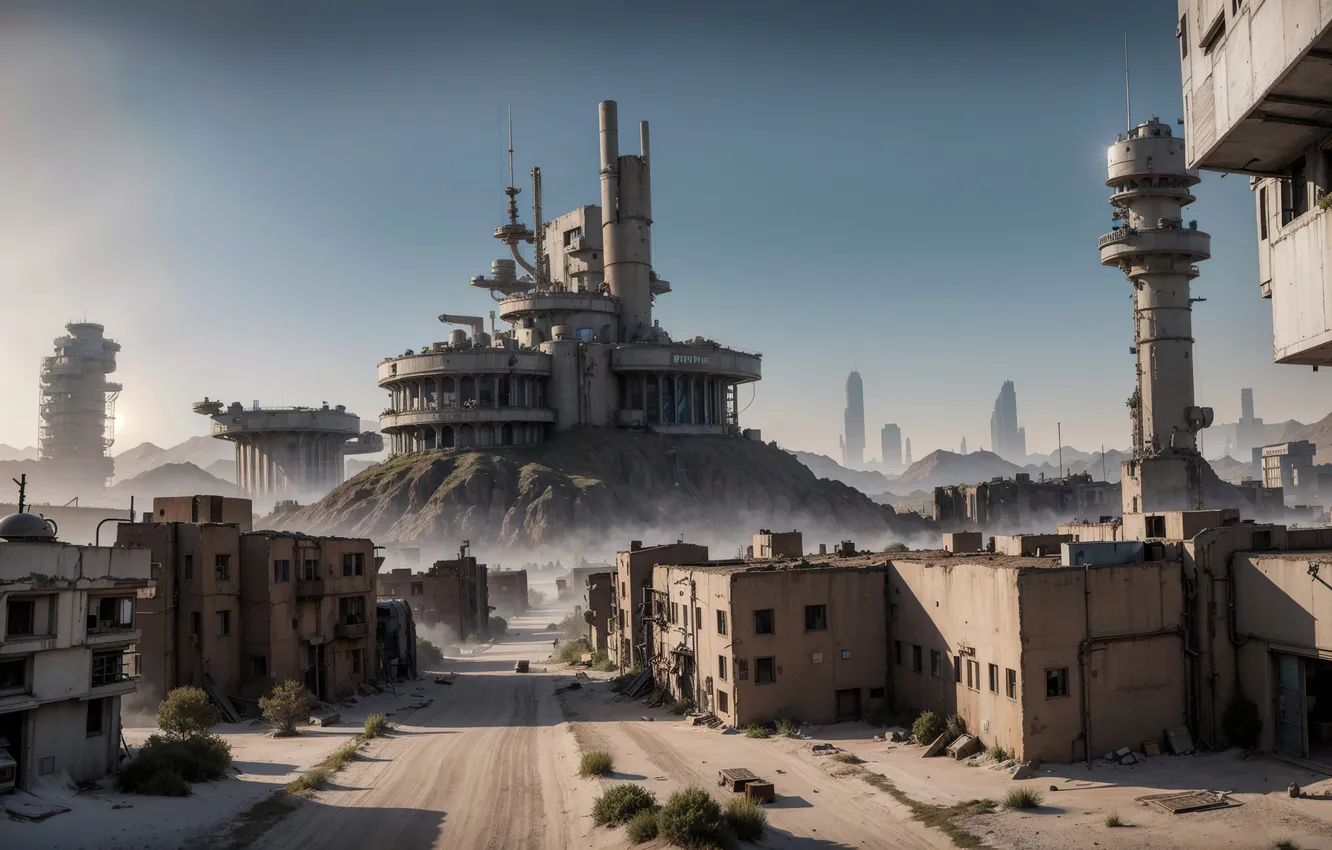 Фото обои landscape, futuristic, wasteland, SI-FI, Stable Diffusion, Neuronet, AI Art, fallen utopia