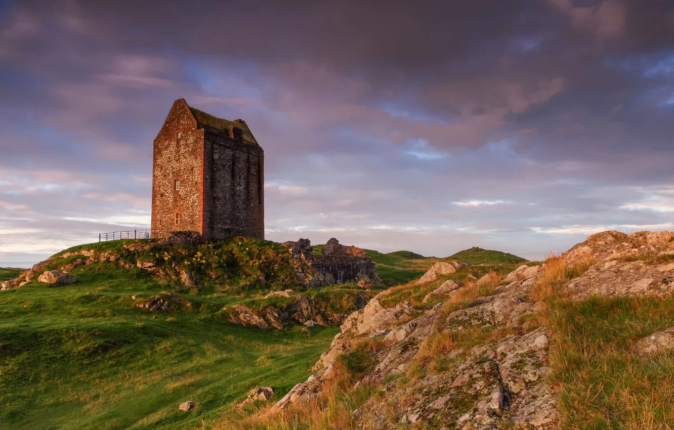 Фото обои трава, скалы, башня, руины, Scottish Borders, Smailholm Tower