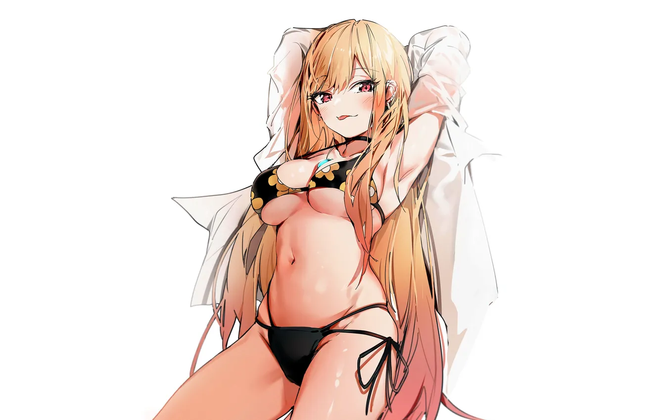 Фото обои girl, sexy, cleavage, long hair, boobs, anime, beautiful, red eyes