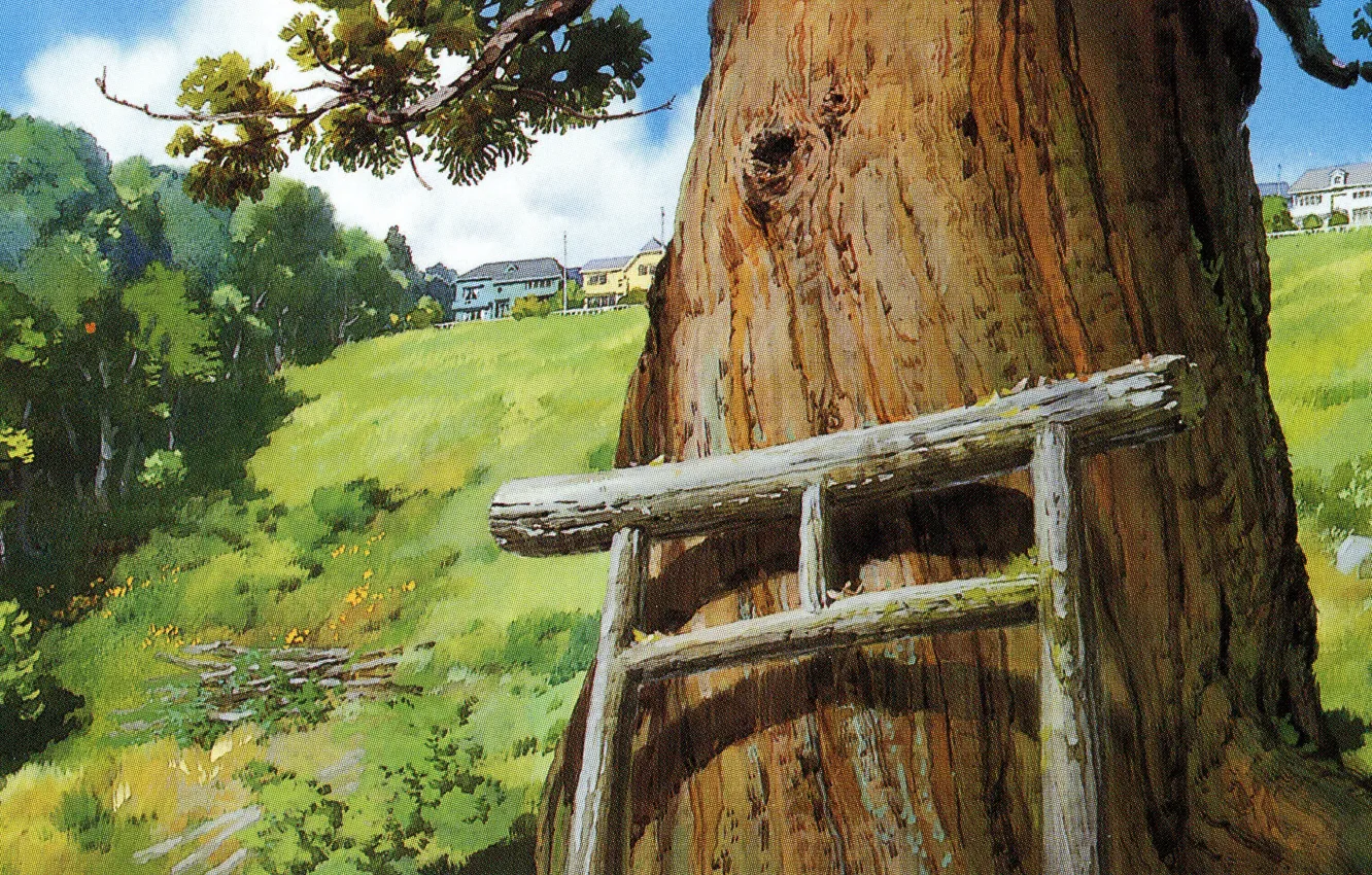 Фото обои лето, art, Hayao Miyazaki, ствол дерева, Spirited Away, Унесенные призраками, ворота тории