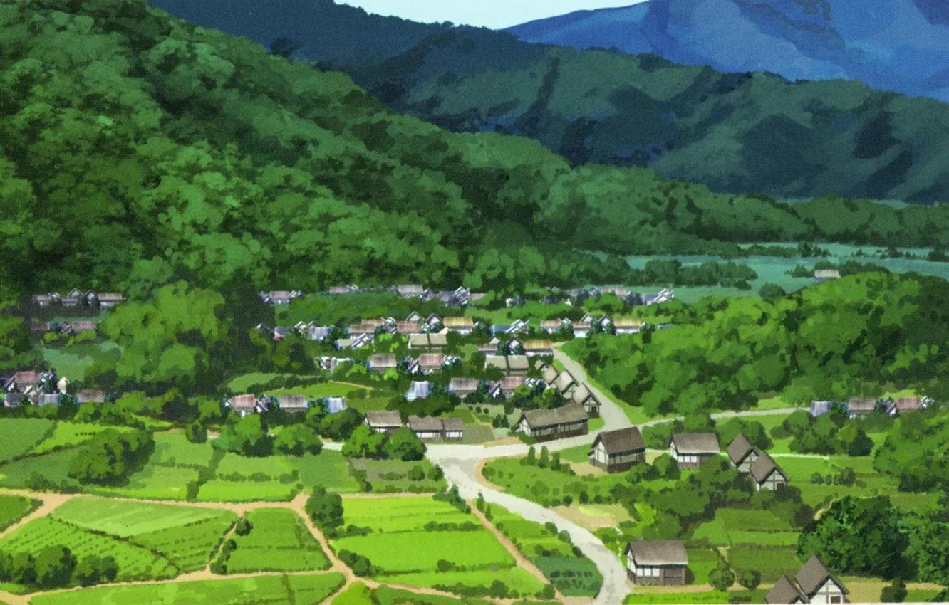 Фото обои лето, поля, дороги, Япония, долина, деревня, art, зелёные холмы