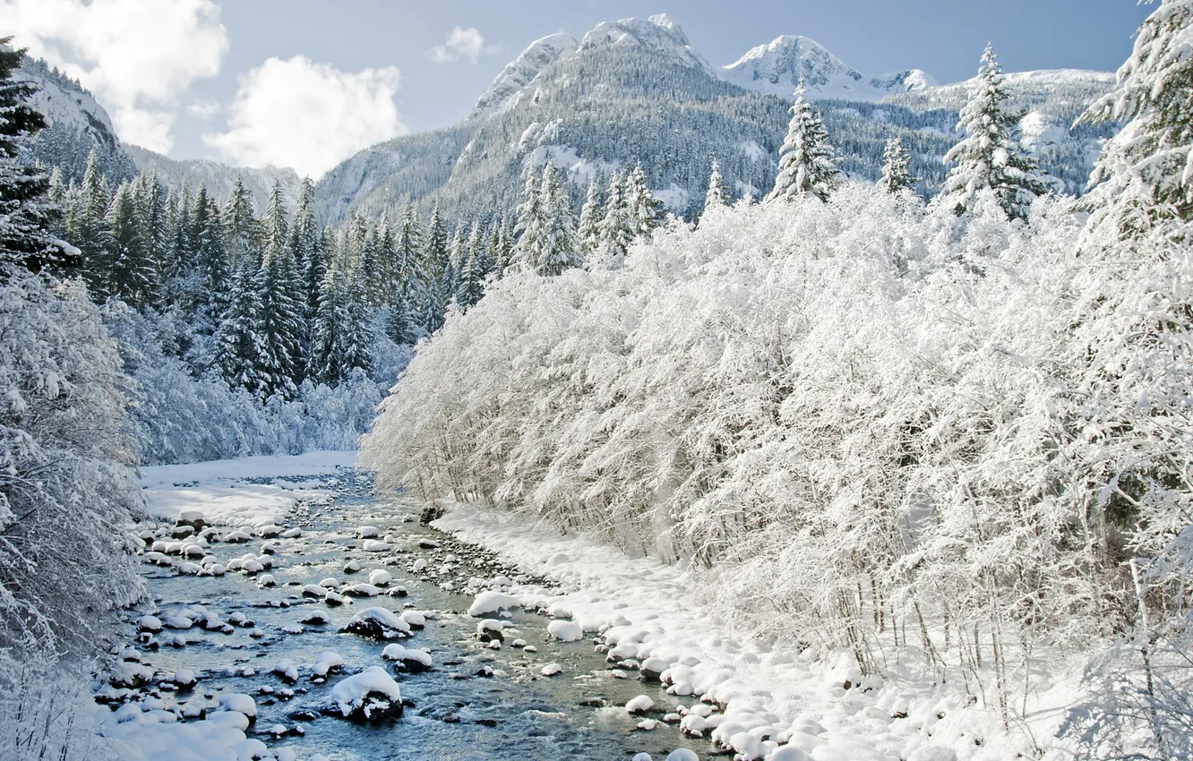 Фото обои зима, горы, река