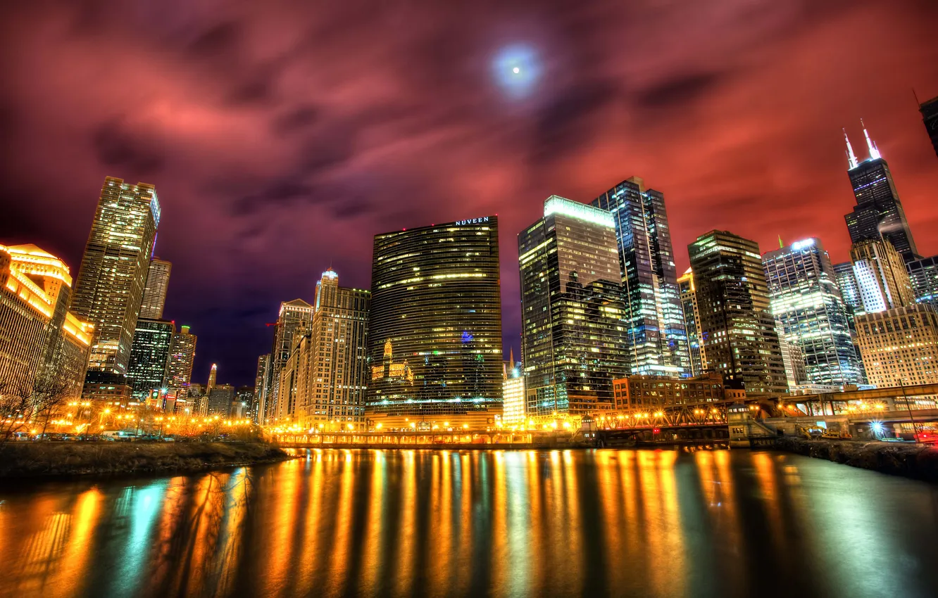 Фото обои свет, ночь, город, огни, отражение, река, побережье, здания