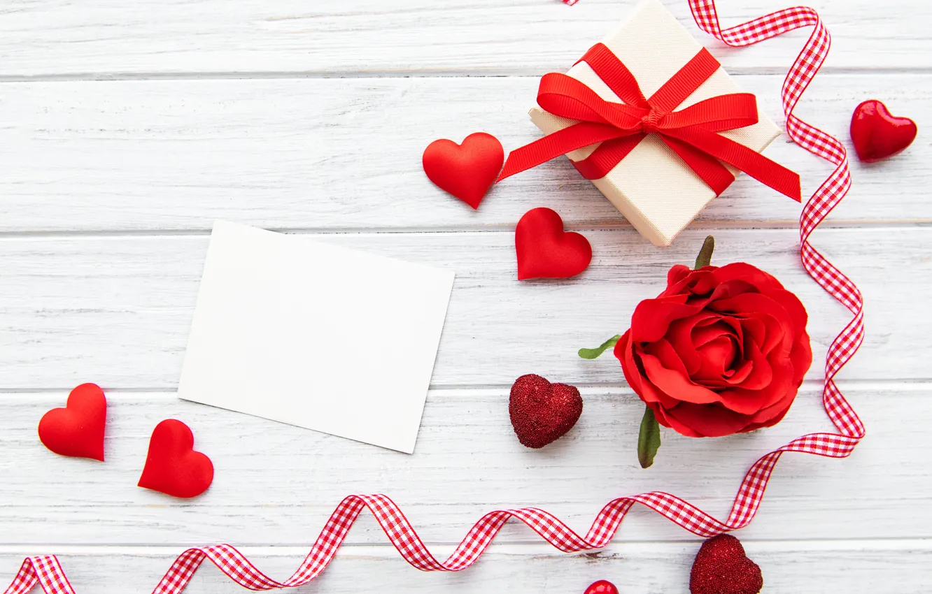 Фото обои роза, бутон, лента, сердечки, день Святого Валентина, gift box, Olena Rudo