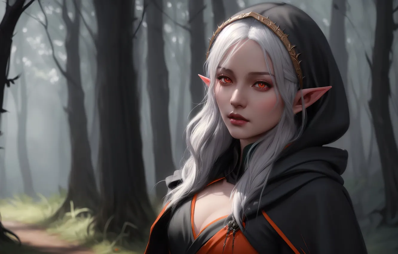 Фото обои girl, fantasy, nature, art, red eyes, elf, digital art, fantasy art