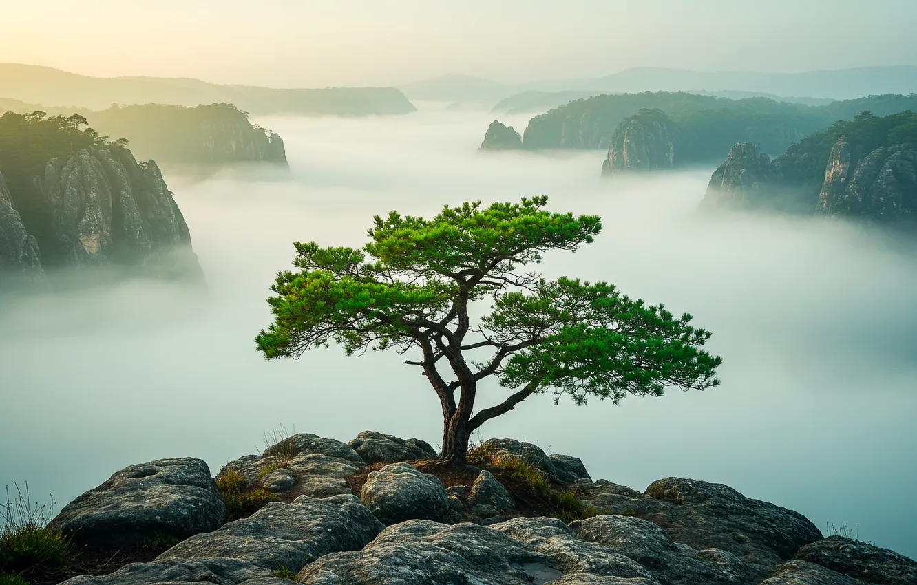 Фото обои горы, туман, камни, дерево, обои, долина, wallpaper, mountains