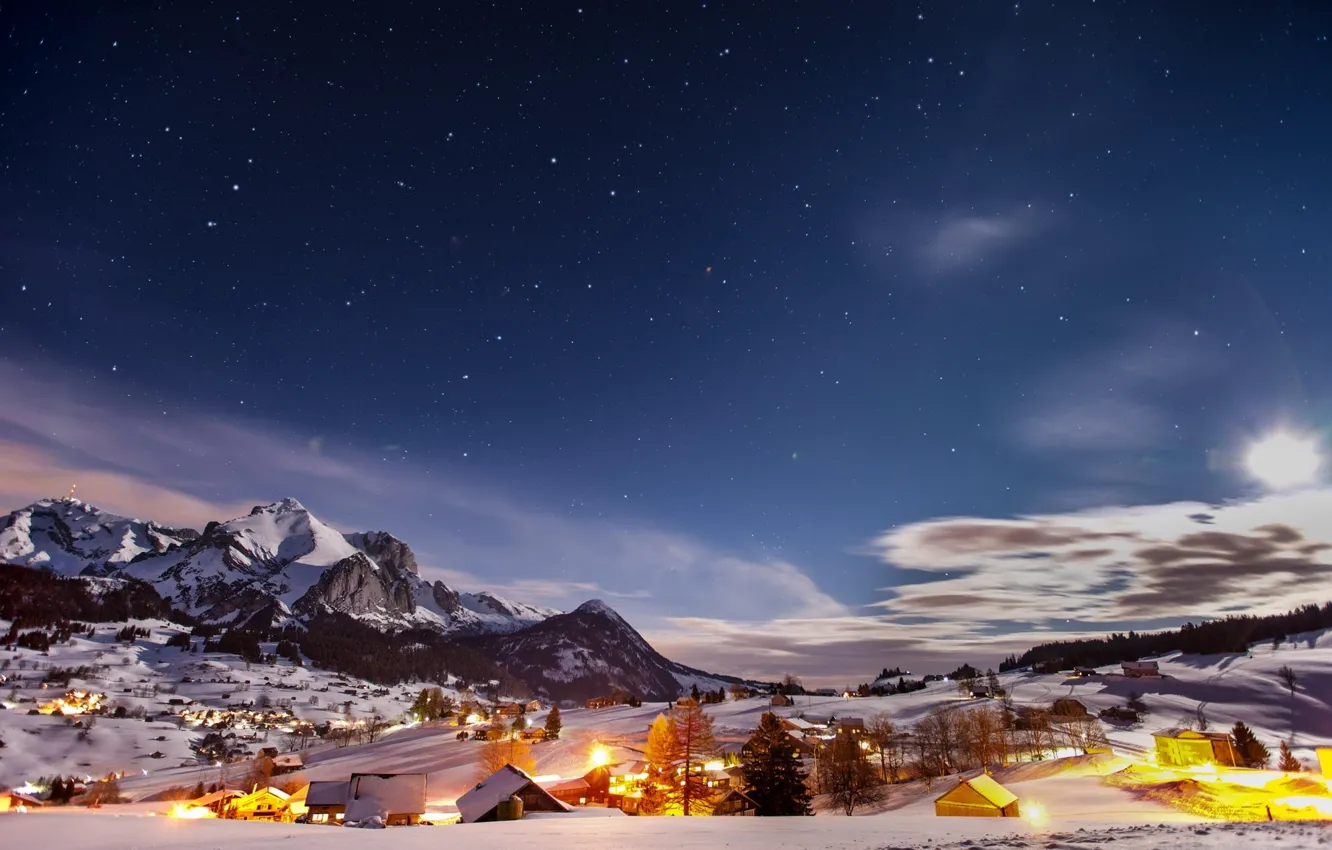 Фото обои зима, снег, горы, ночь, огни, городок