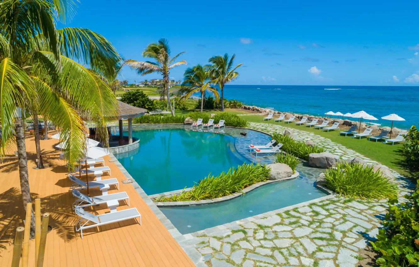 Фото обои пальмы, отдых, бассейн, отель, лежаки, Карибы, Сент-Китс и Невис