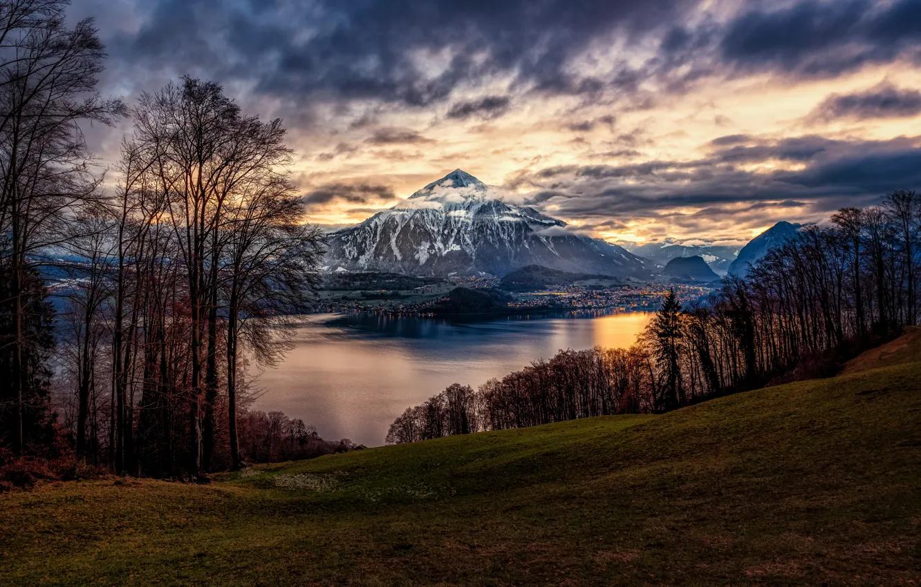 Фото обои деревья, горы, озеро, Швейцария, Switzerland, Lake Thun, Bernese Alps, Бернские Альпы