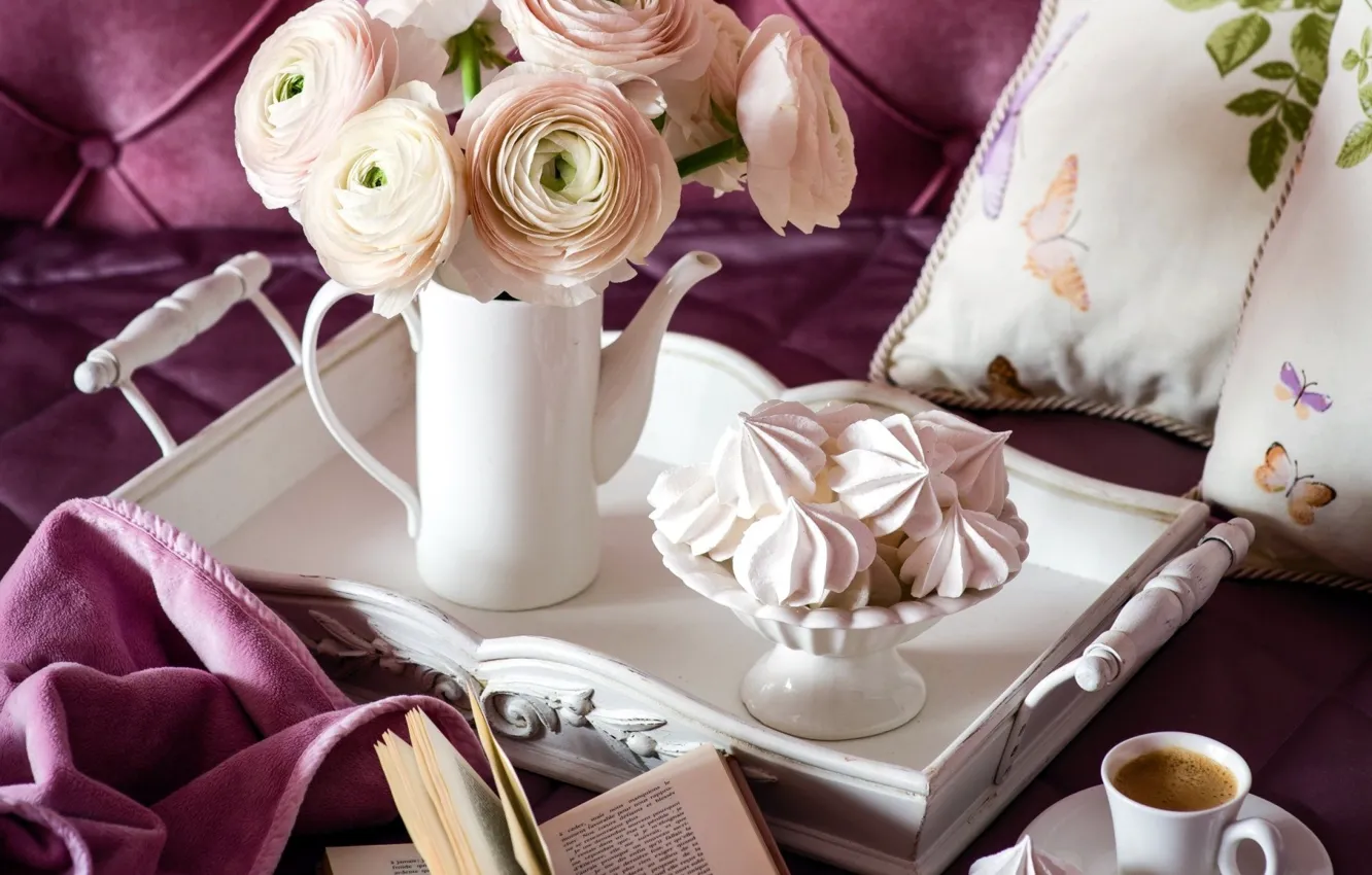 Фото обои цветы, кофе, чашка, зефир