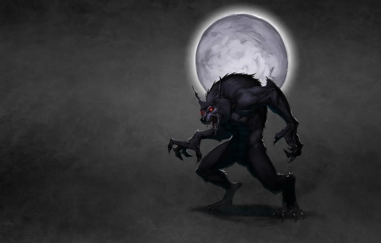 Фото обои луна, дым, волк, оборотень, красные глаза, wolf, темноватый фон, werewolf