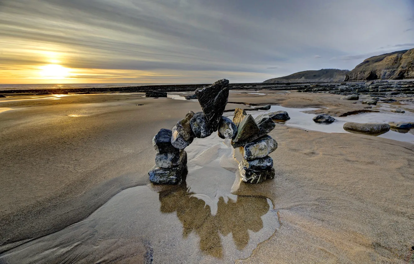 Фото обои песок, море, закат, камни, Уэльс