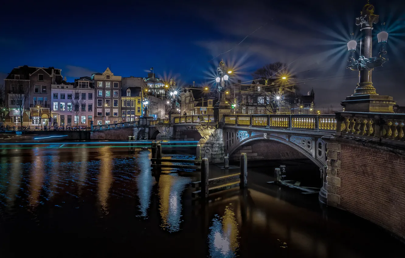 Фото обои ночь, мост, огни, Амстердам, Нидерланды