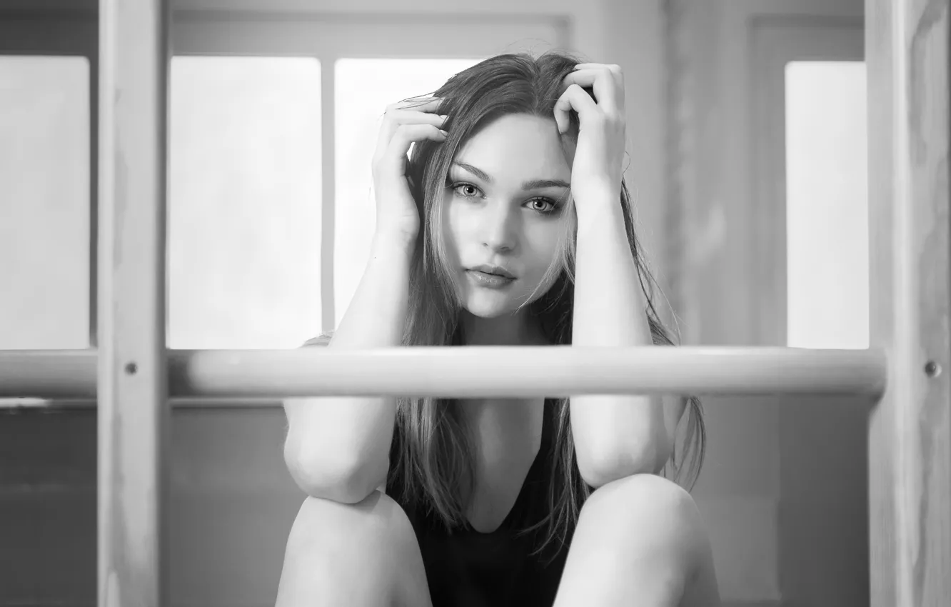 Фото обои взгляд, девушка, фото, модель, волосы, чёрно-белое, Dumi
