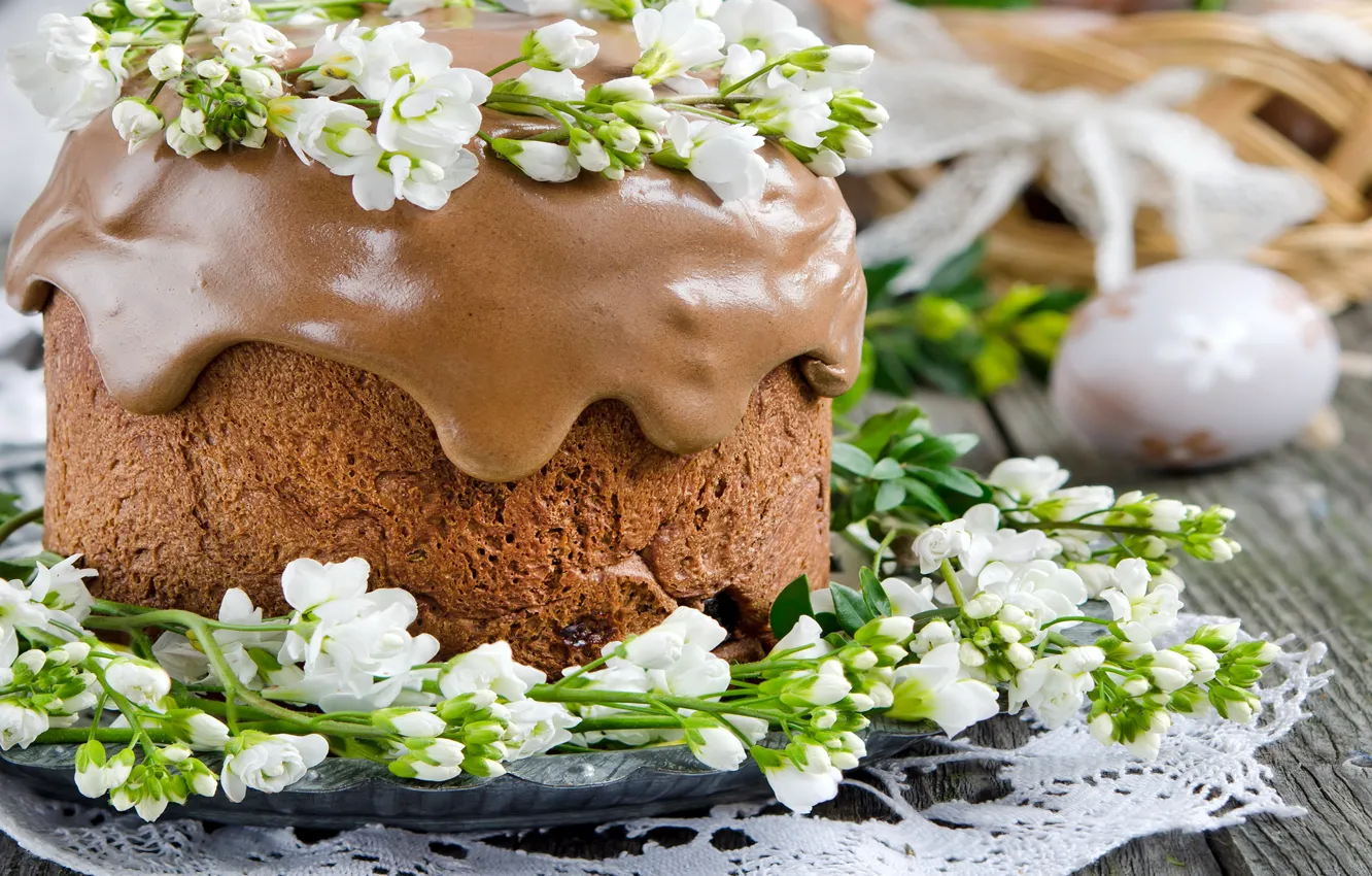 Фото обои цветы, весна, Пасха, cake, кулич, flowers, глазурь, spring