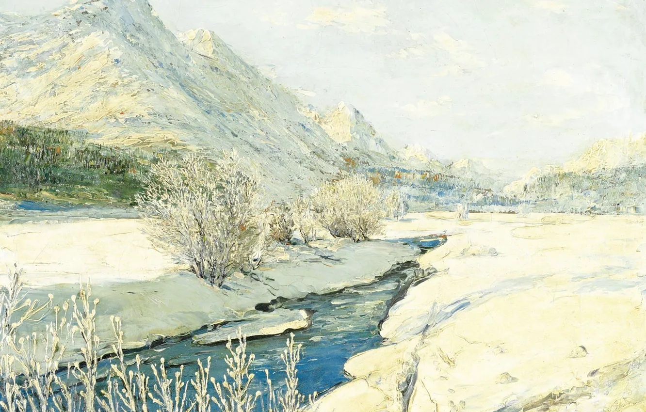 Фото обои пейзаж, горы, ручей, картина, Georgy Lapchin, Георгий Лапшин, Долина в Снегу