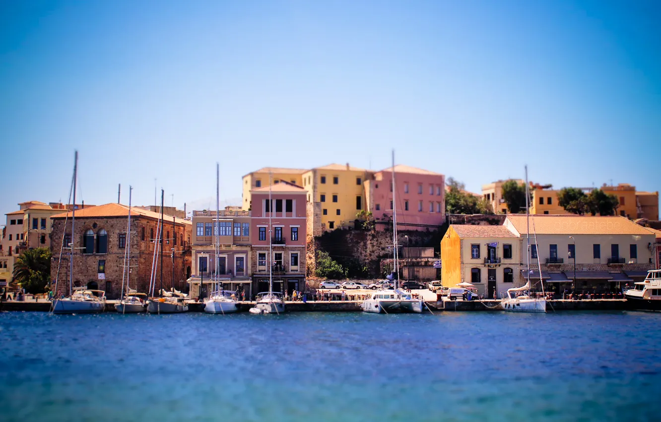 Фото обои море, здание, корабль, Греция, tilt-shift, dobraatebe, Крит