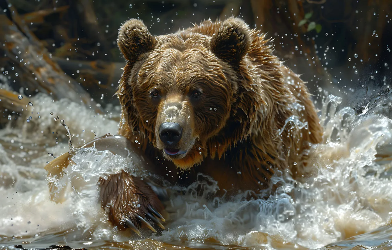 Фото обои Вода, Медведь, Морда, Хищник, Речка, Цифровое искусство, Бурый медведь, ИИ-арт