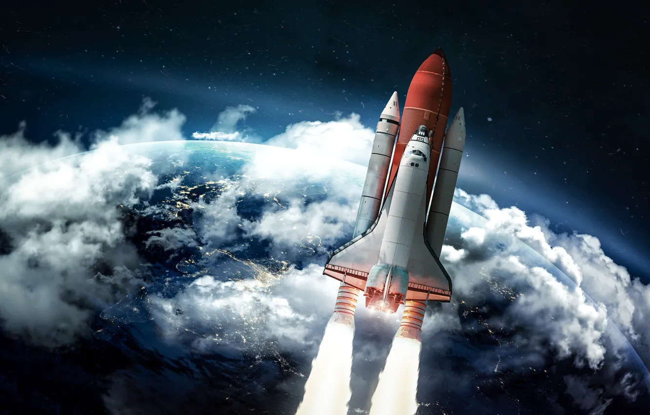 Фото обои Космос, Земля, США, Ракета, Space, Взлет, Шаттл, Космический корабль
