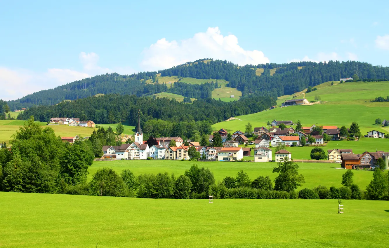 Фото обои холмы, поля, дома, Швейцария, леса, Sankt Gallen