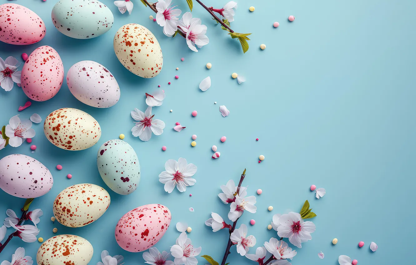 Фото обои цветы, яйца, весна, Пасха, happy, blossom, flowers, spring