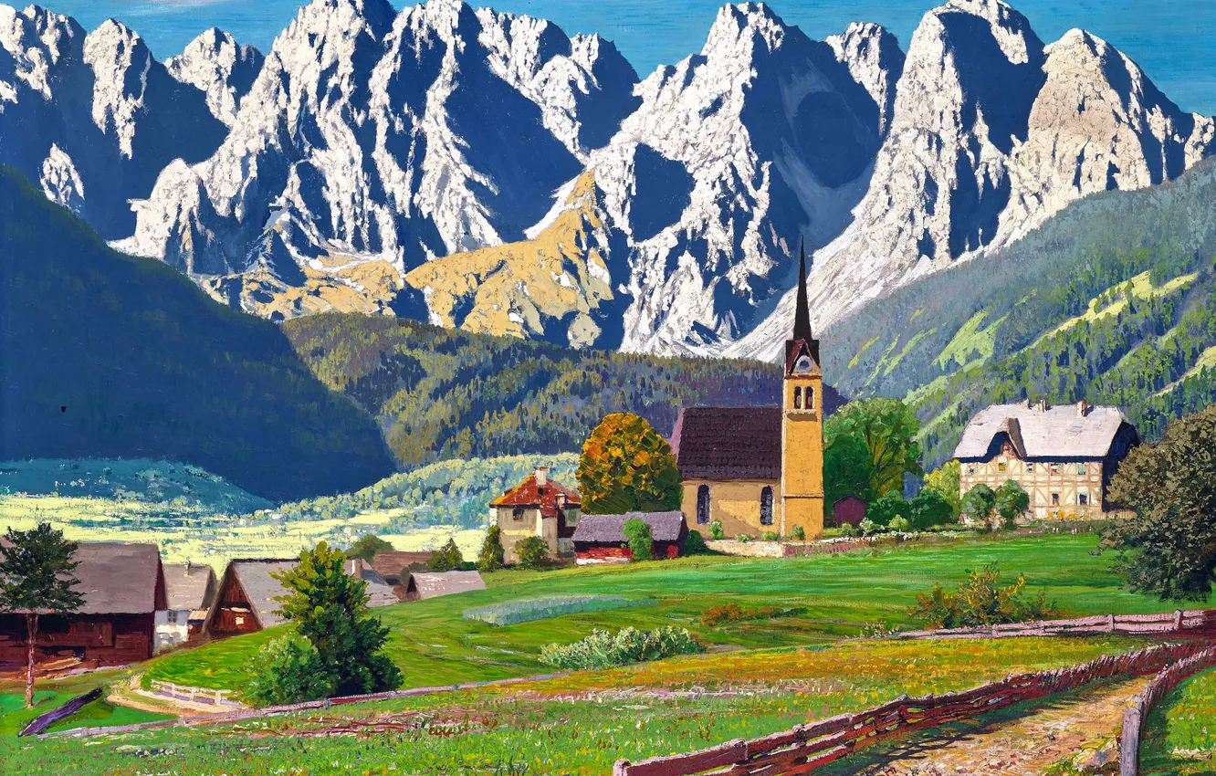 Фото обои Дома, Горы, Деревья, Церковь, Картина, Alois Arnegger, Алоис Арнеггер, Австрийский живописец