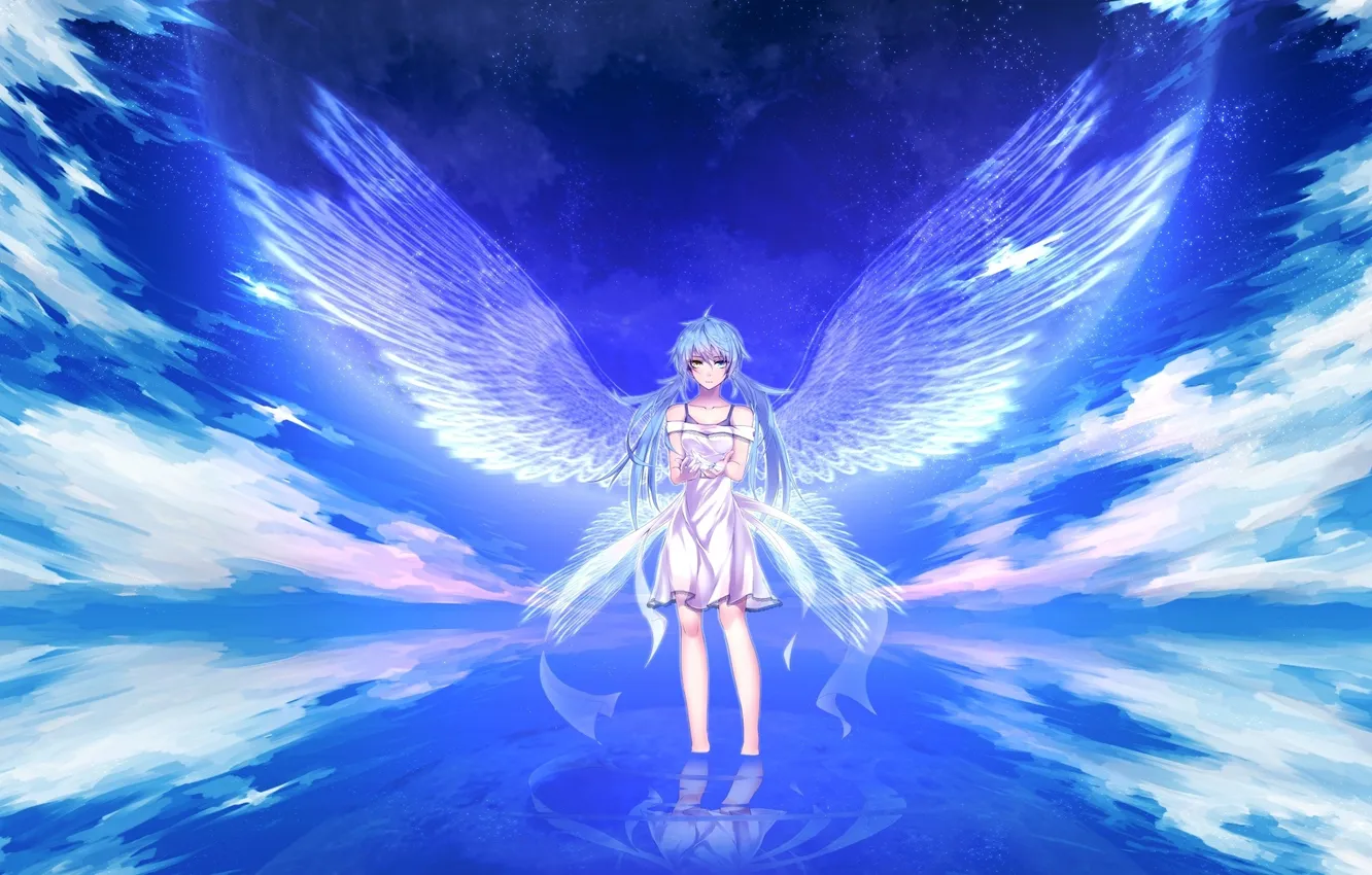 Фото обои вода, крылья, hatsune miku, вокалоид