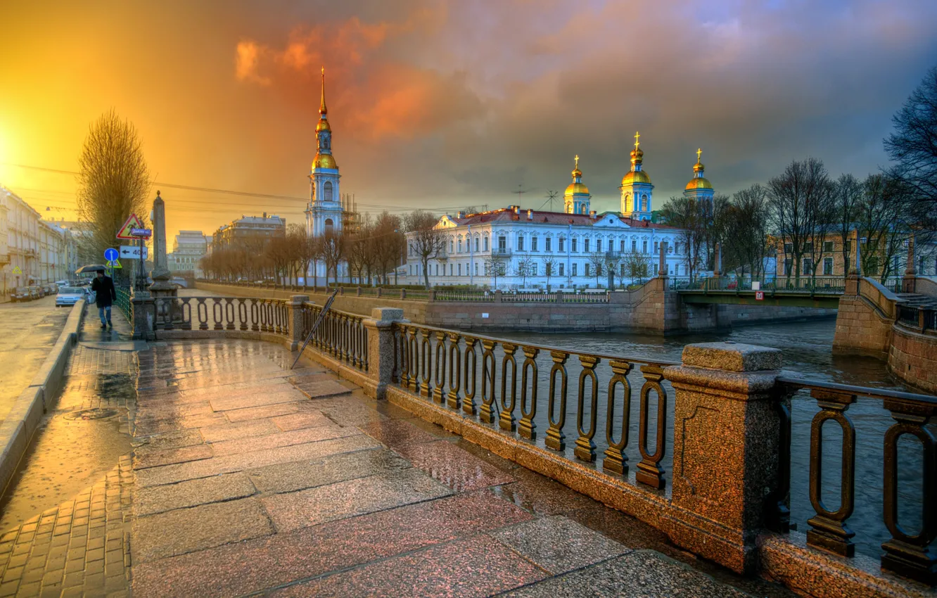 Фото обои река, дождь, здания, дома, Санкт-Петербург, канал, Россия, набережная