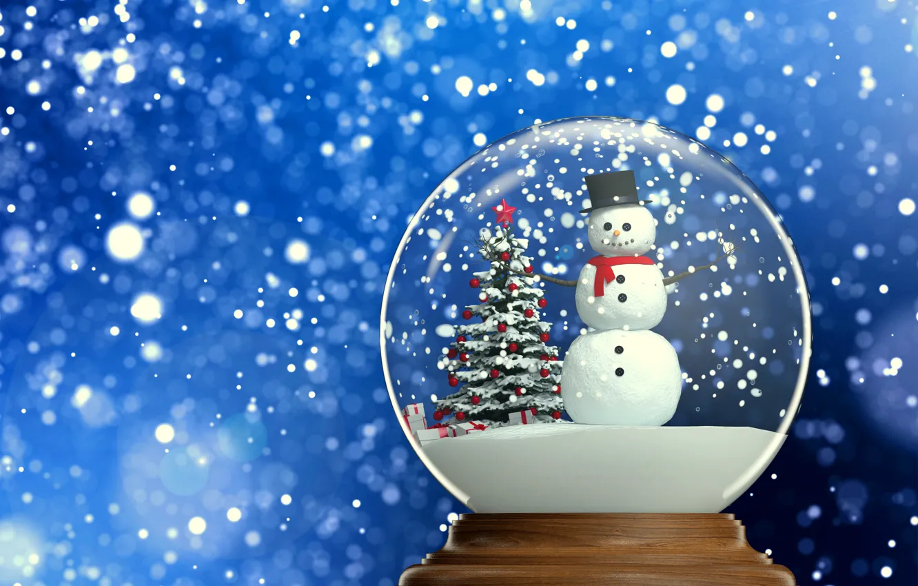 Фото обои снег, елка, шар, Новый Год, Рождество, снеговик, winter, snow