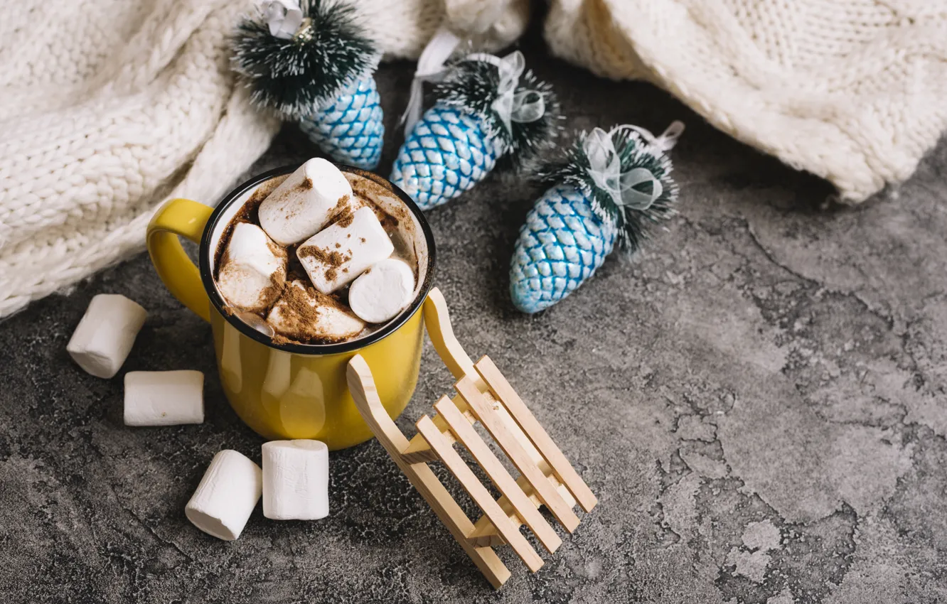 Фото обои украшения, Christmas, cup, какао, decoration, hot chocolate, marshmallow, зефирки
