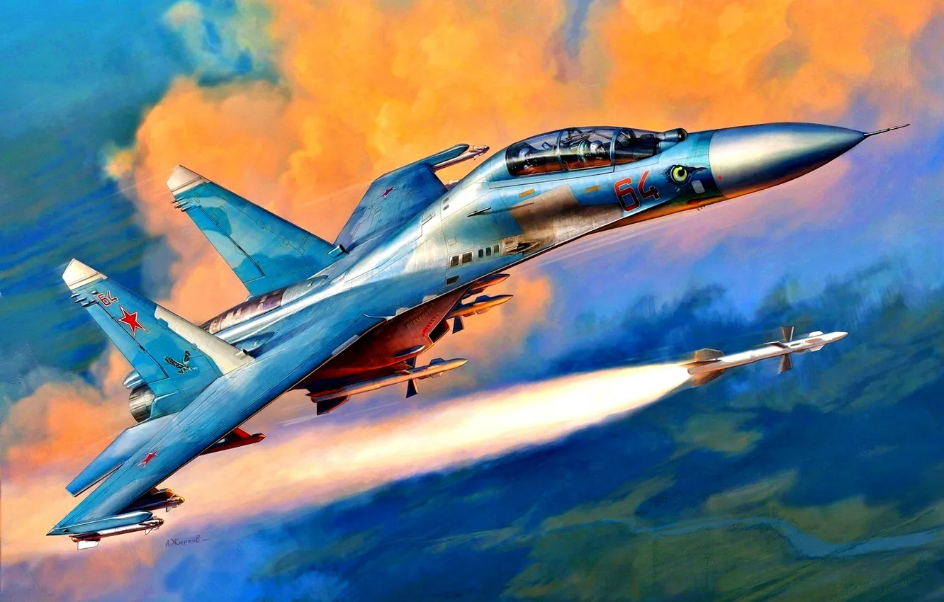Фото обои Ракета, сверхзвуковой, Двухместный, учебно-боевой истребитель, ВКС России, первый полет:1985, модификация самолета Су-27