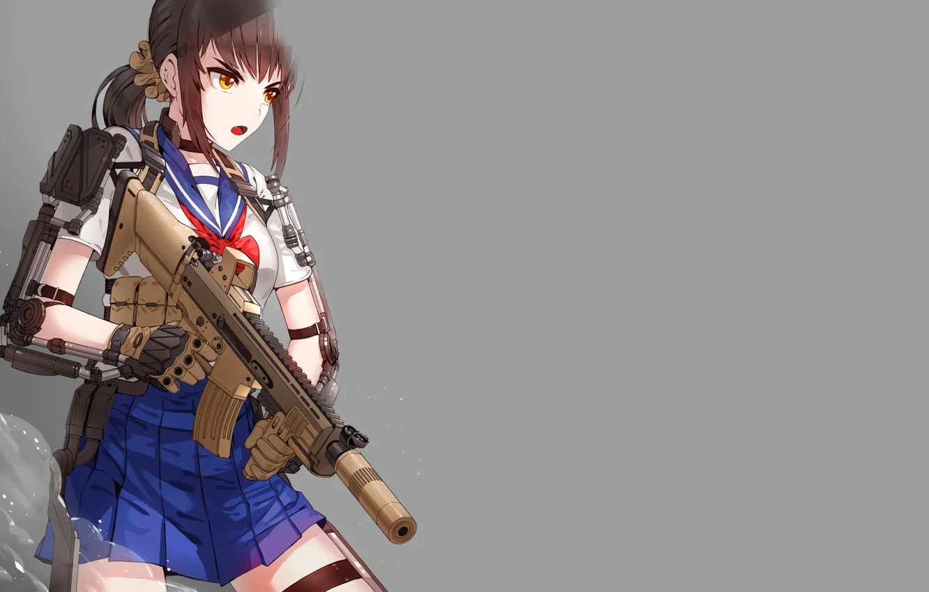 Фото обои девушка, оружие, фантастика, солдат, серый фон
