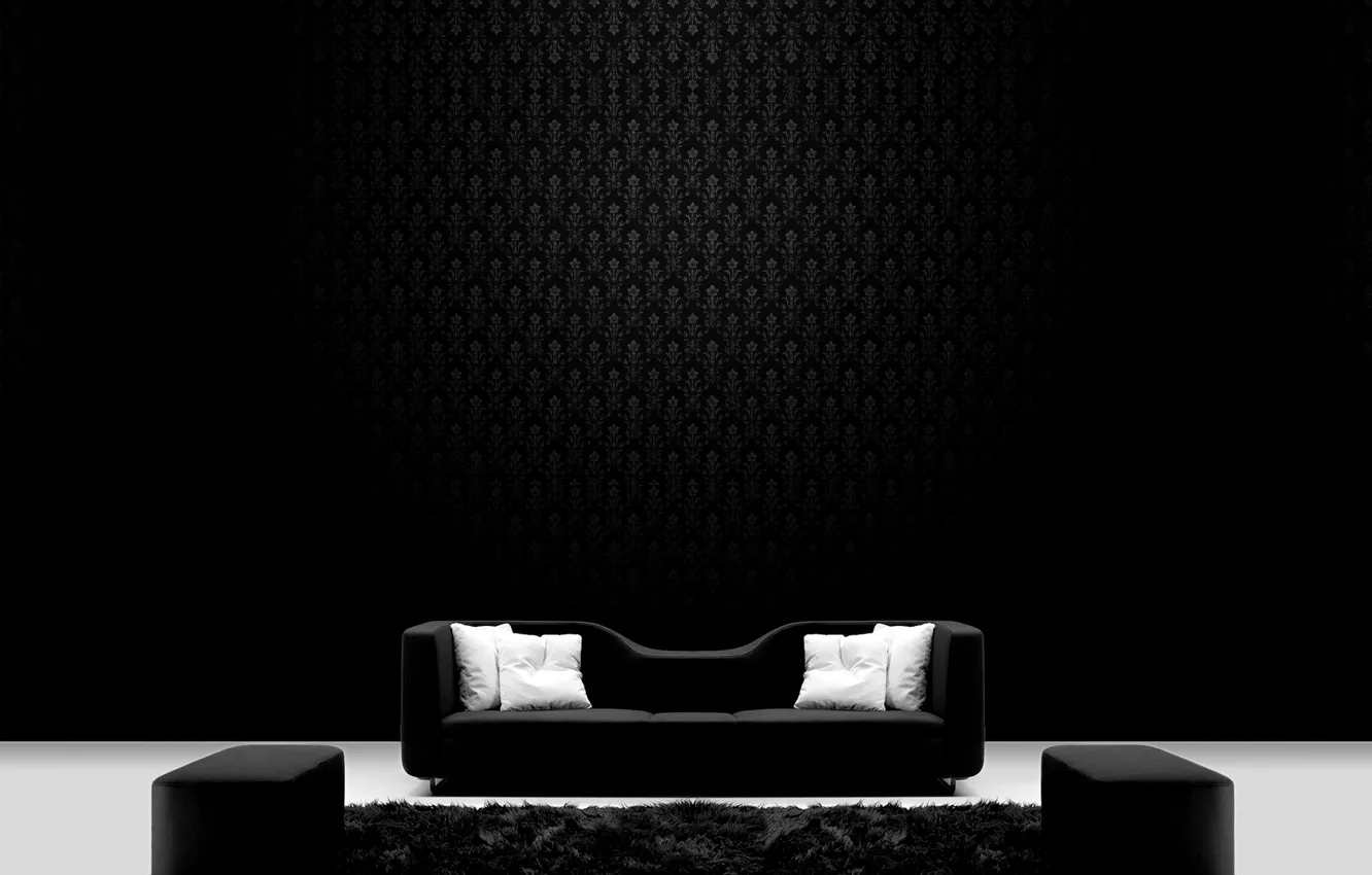 Фото обои диван, обои, чёрно-белое, ковёр, подушки, пуфик