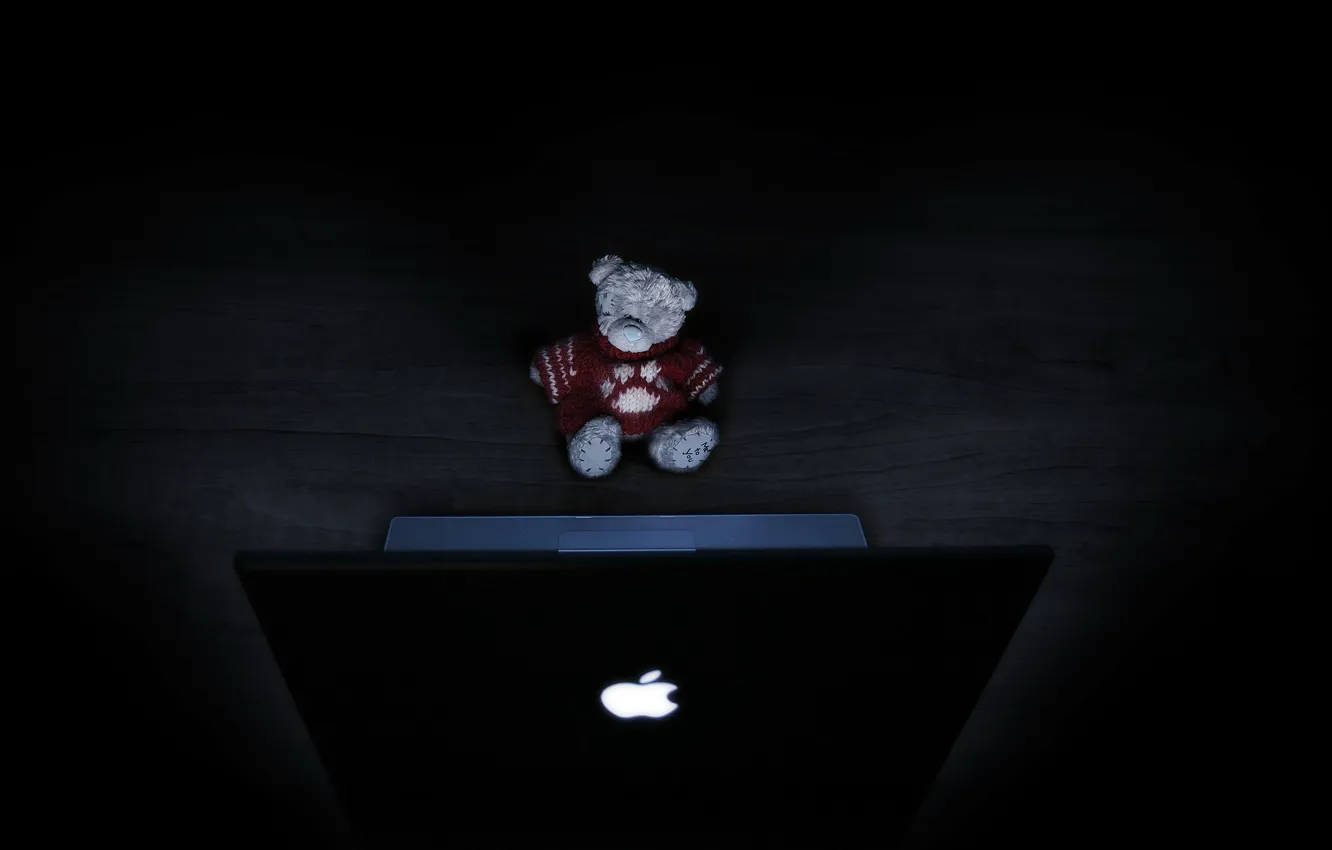 Фото обои свет, игрушка, медведь, ноутбук