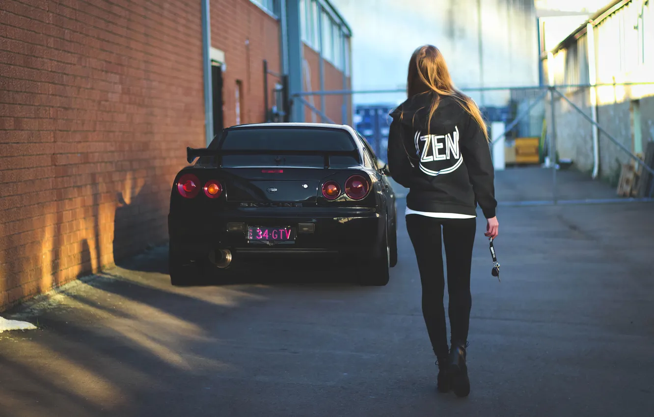 Фото обои city, girl, model, street, Nissan Skyline, women, blonde, R34