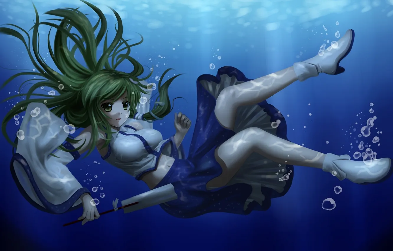 Фото обои девушка, пузырьки, арт, под водой, touhou, kochiya sanae, chien zero