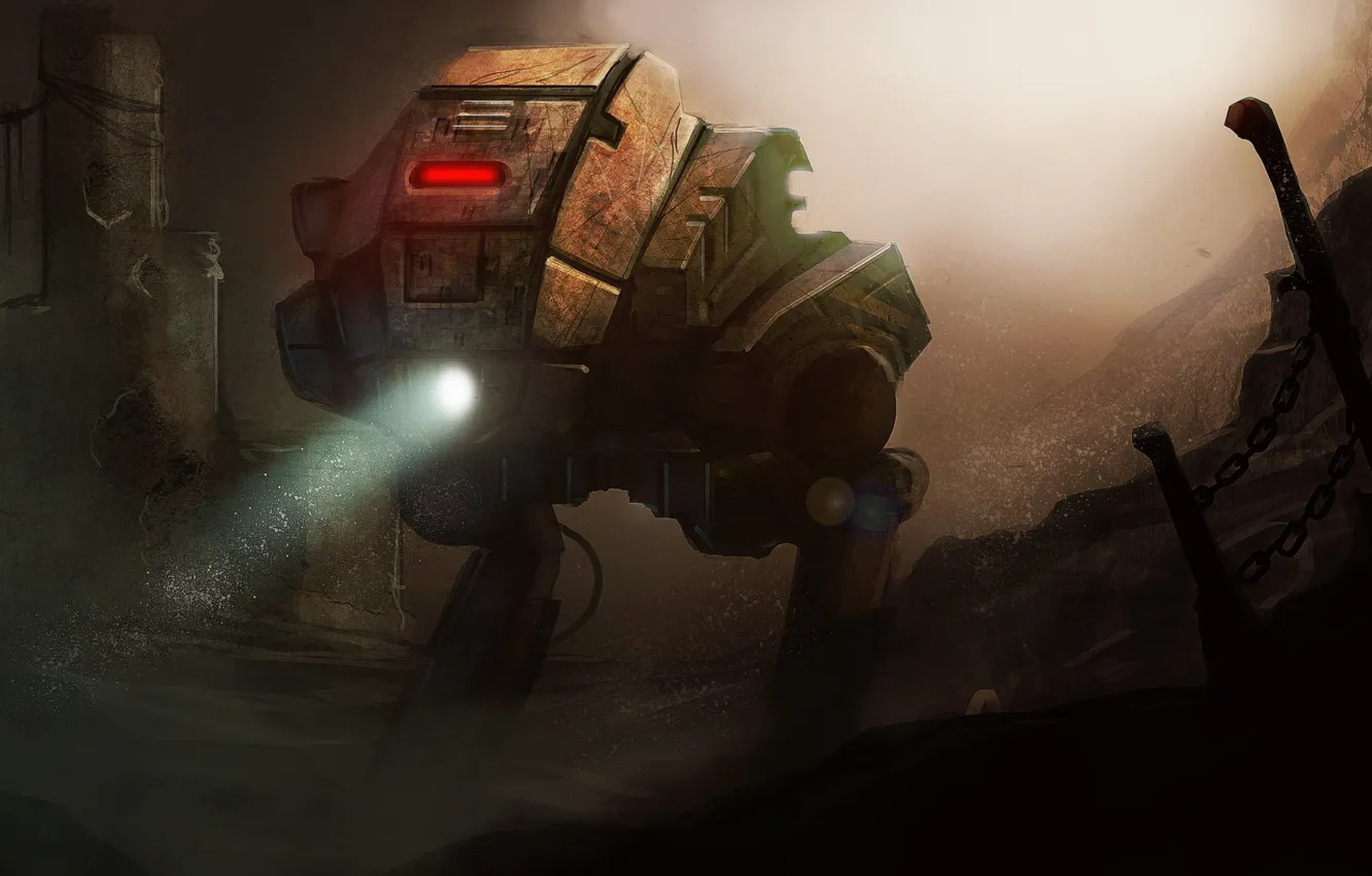Фото обои пыль, Робот, фонарь, цепи