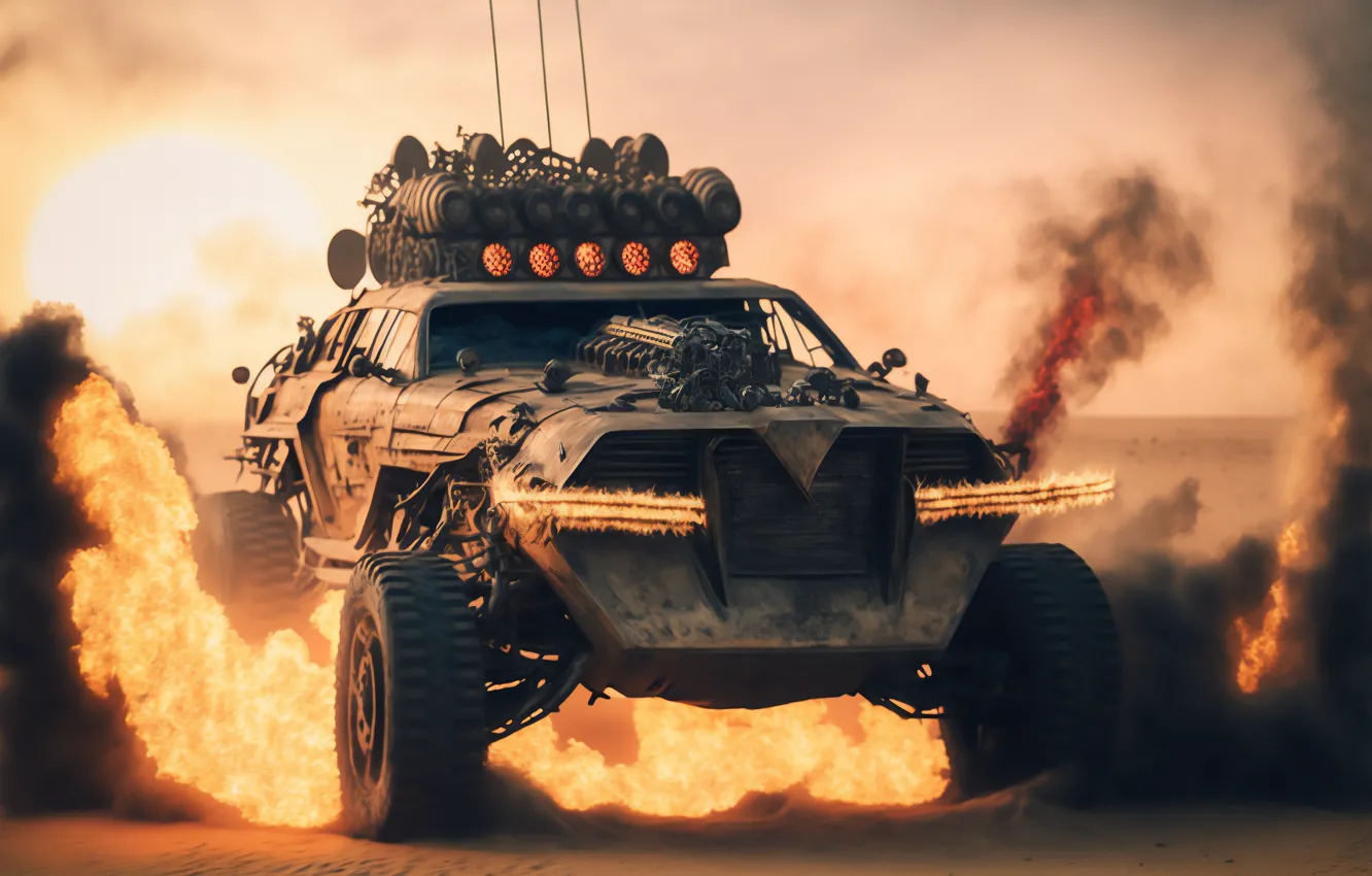 Фото обои car, fire, flame, smoke, sun, sand, apocalypse, Mad Max