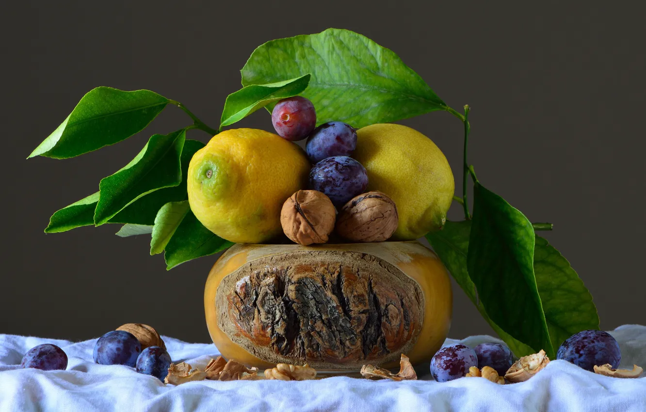 Фото обои еда, фрукты, орехи, натюрморт, лимоны, композиция