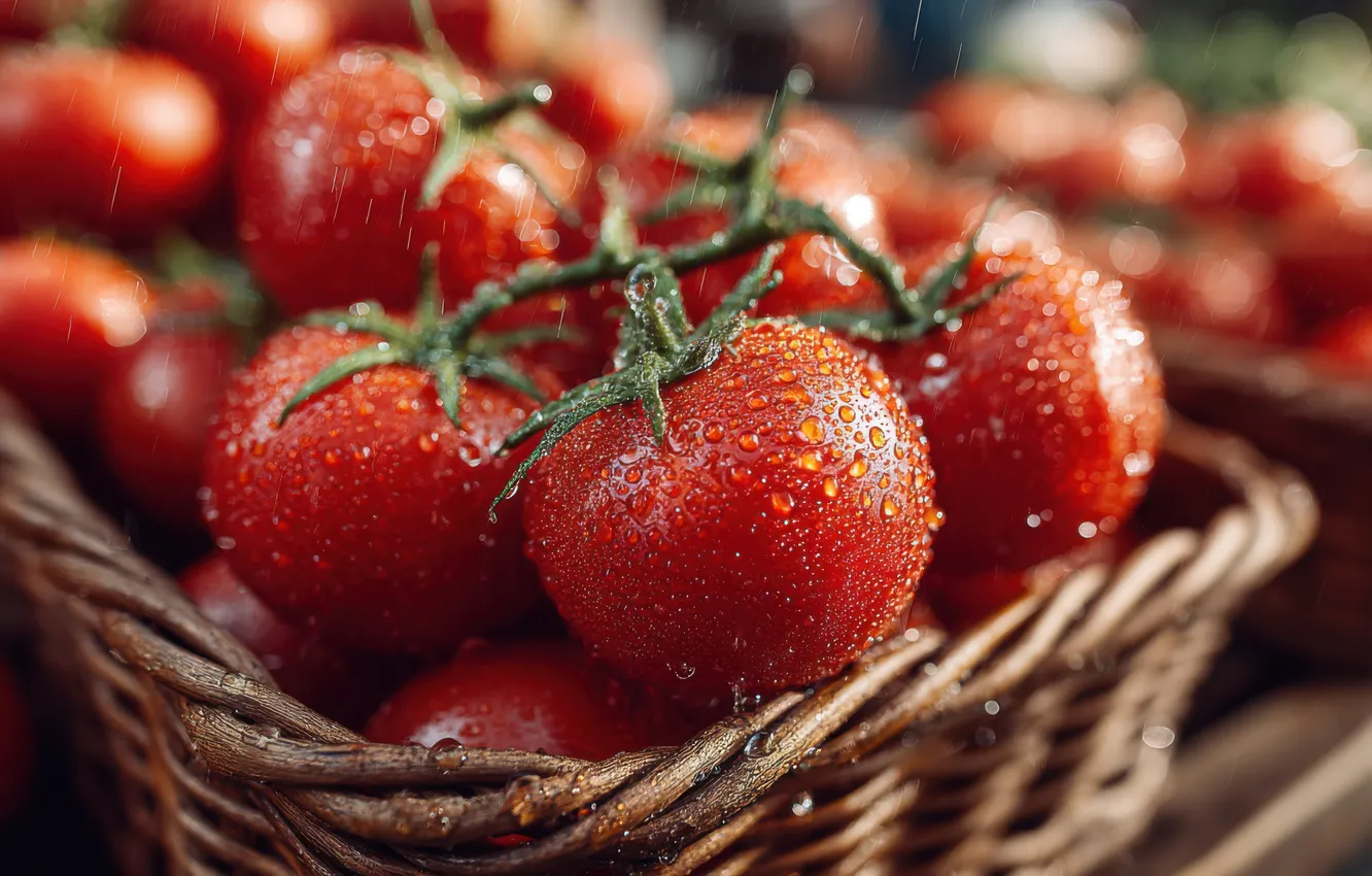 Фото обои капли, урожай, корзинка, овощи, помидоры, томаты, свежие, ИИ-арт