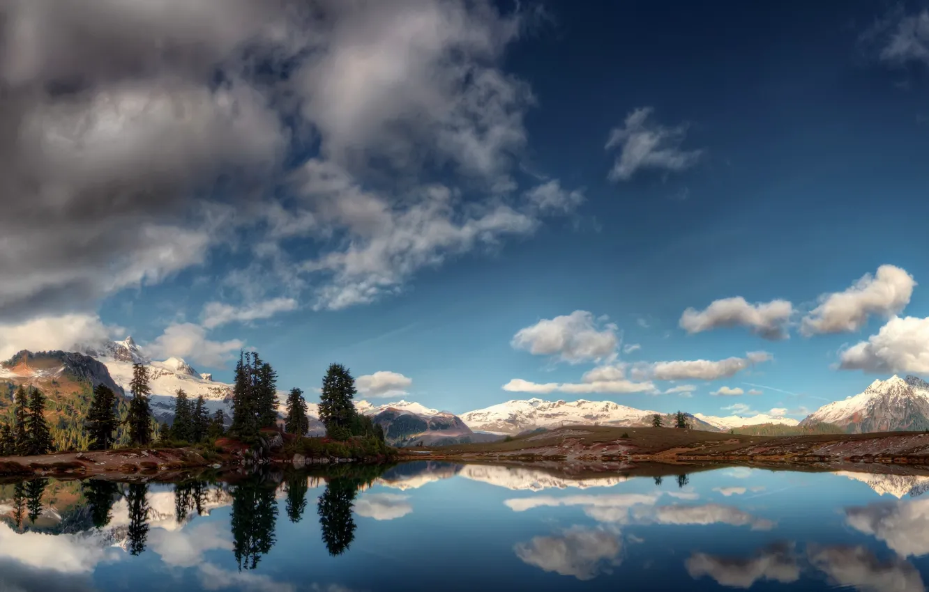 Фото обои облака, горы, озеро, отражение, панорама