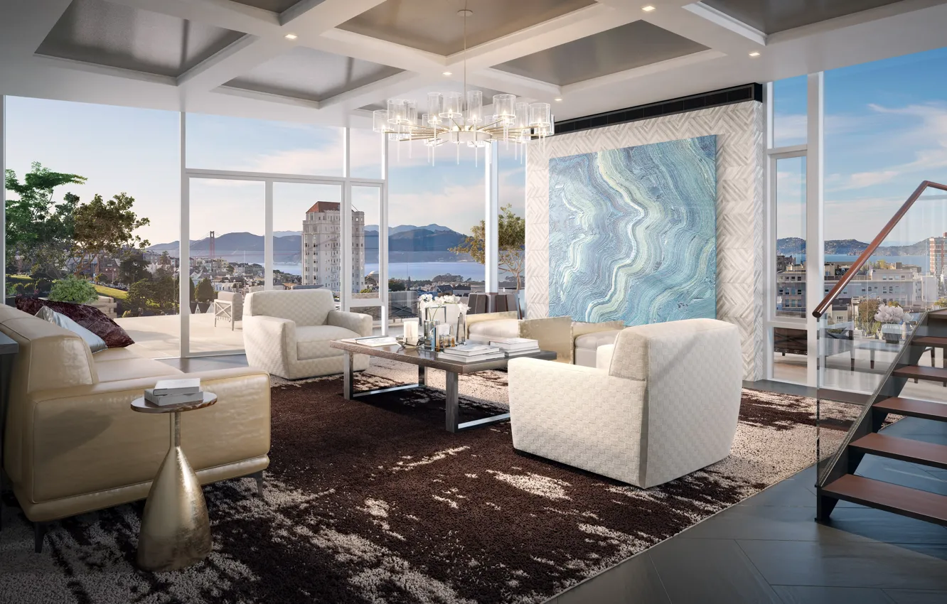 Фото обои интерьер, мегаполис, San Francisco, гостиная, grand penthouse, Pacific Heights