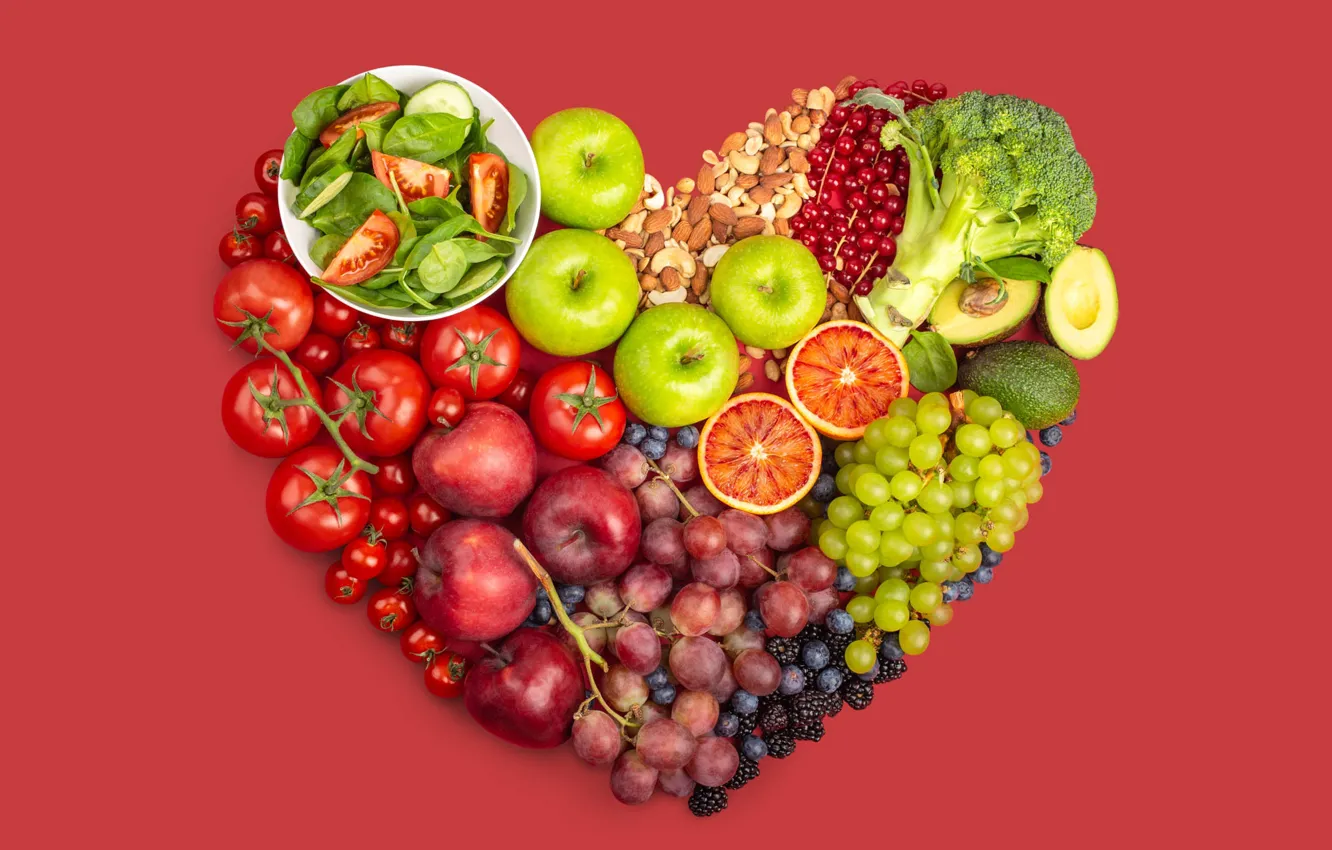 Фото обои яблоки, сердце, черника, виноград, миска, фрукты, орехи, овощи
