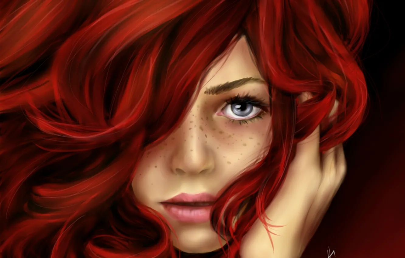 Фото обои взгляд, девушка, лицо, волосы, арт, веснушки, рыжая, живопись