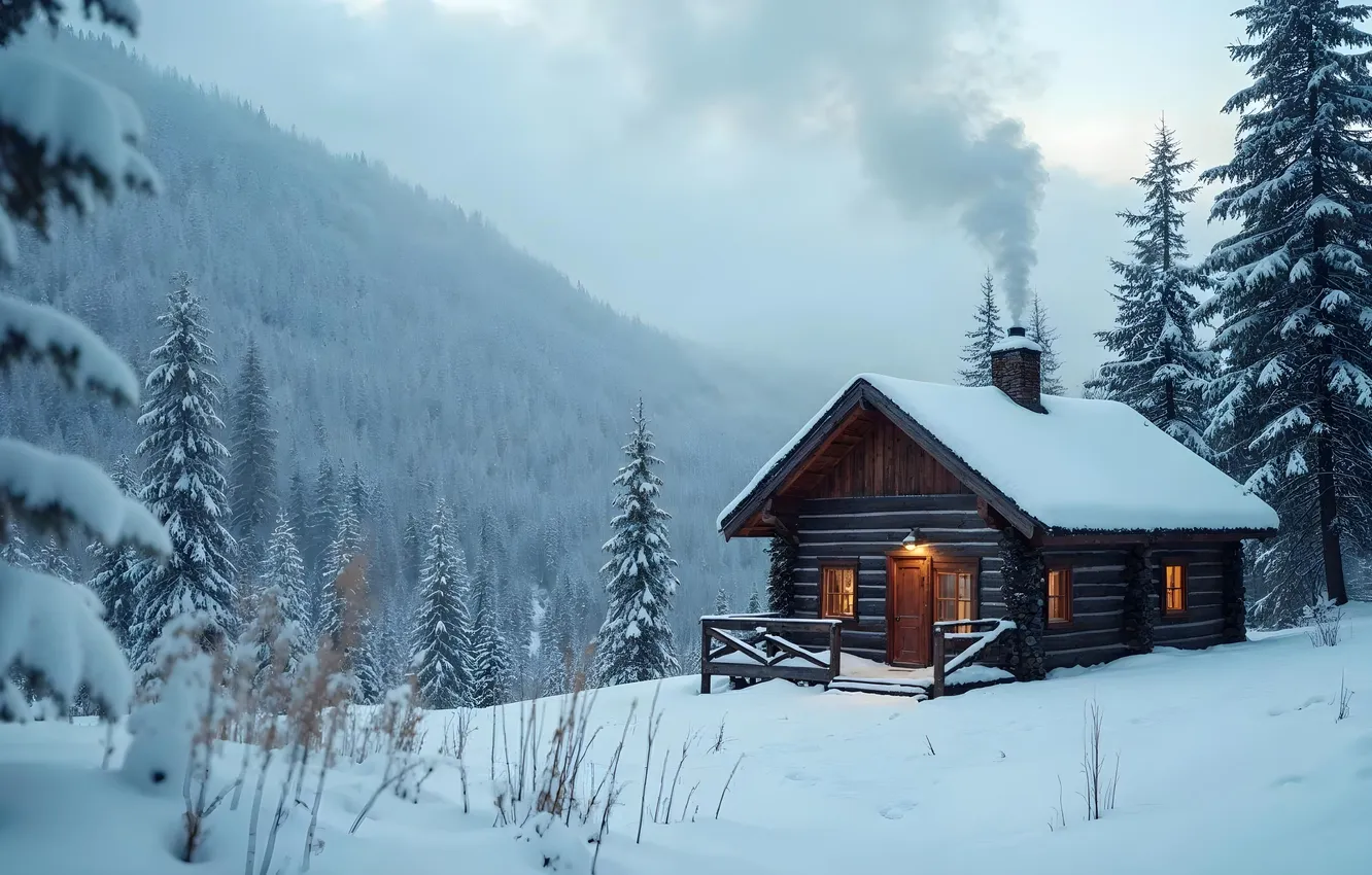 Фото обои зима, лес, снег, горы, елки, домик, house, хижина