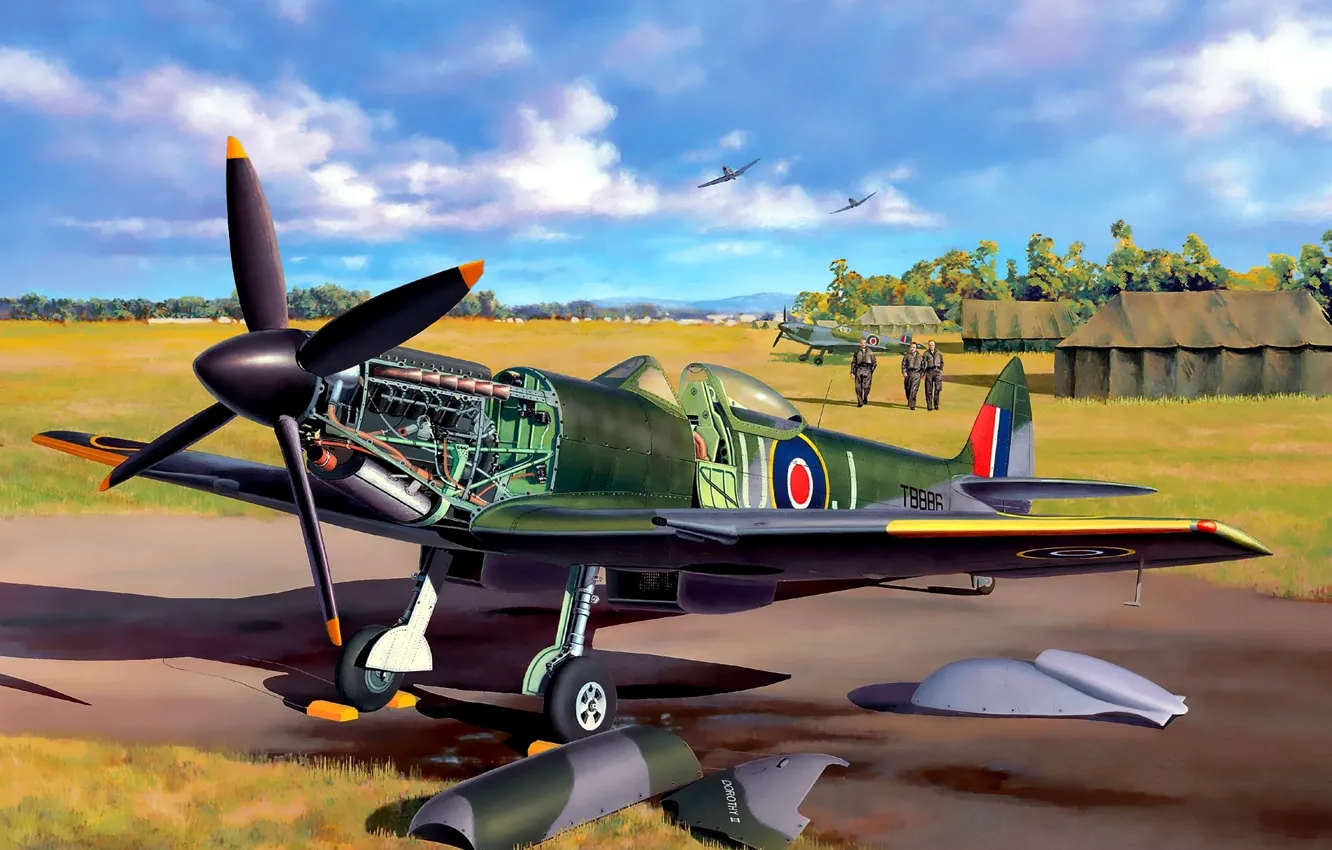 Фото обои самолет, истребитель, арт, аэродром, английский, ВВС, пилоты, Spitfire