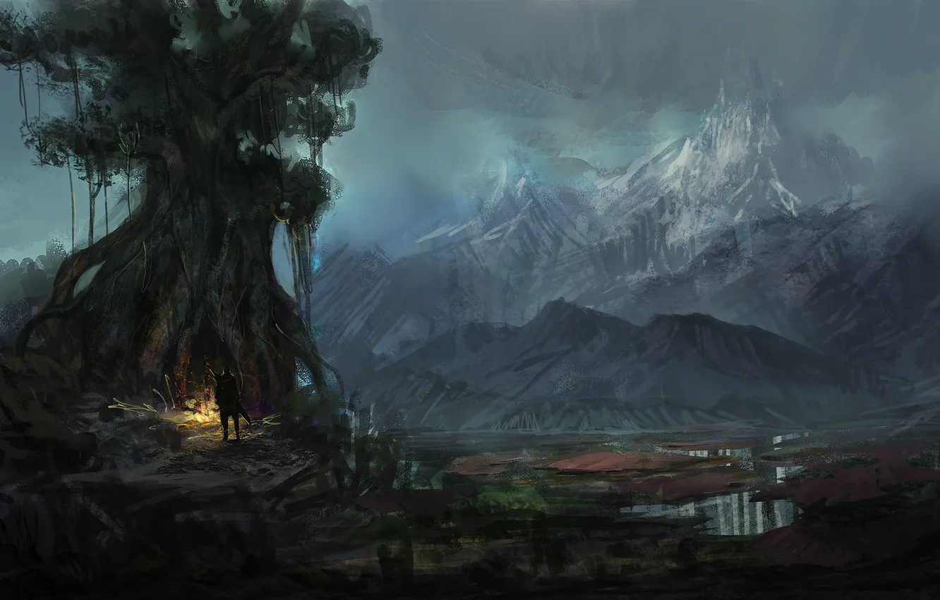 Фото обои горы, река, дерево, человек, вечер, арт, нарисованный пейзаж