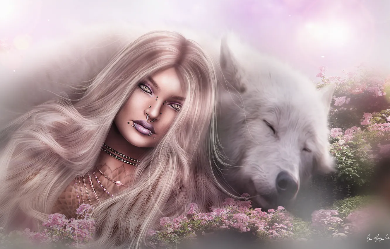 Фото обои девушка, природа, лицо, фон, волосы, волк