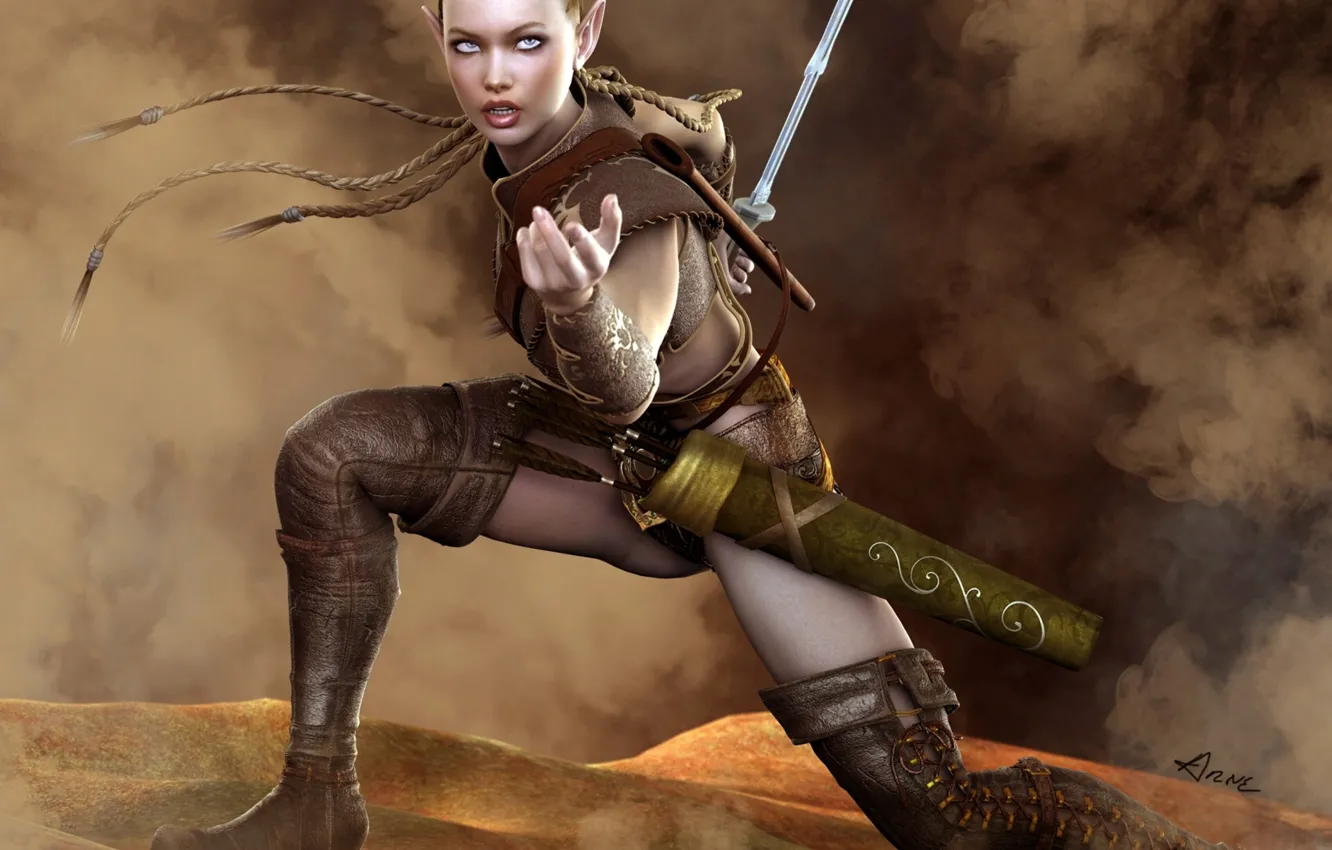 Фото обои меч, сапоги, косички, эльфийка, стрелы, воительница, колчан, амазонка